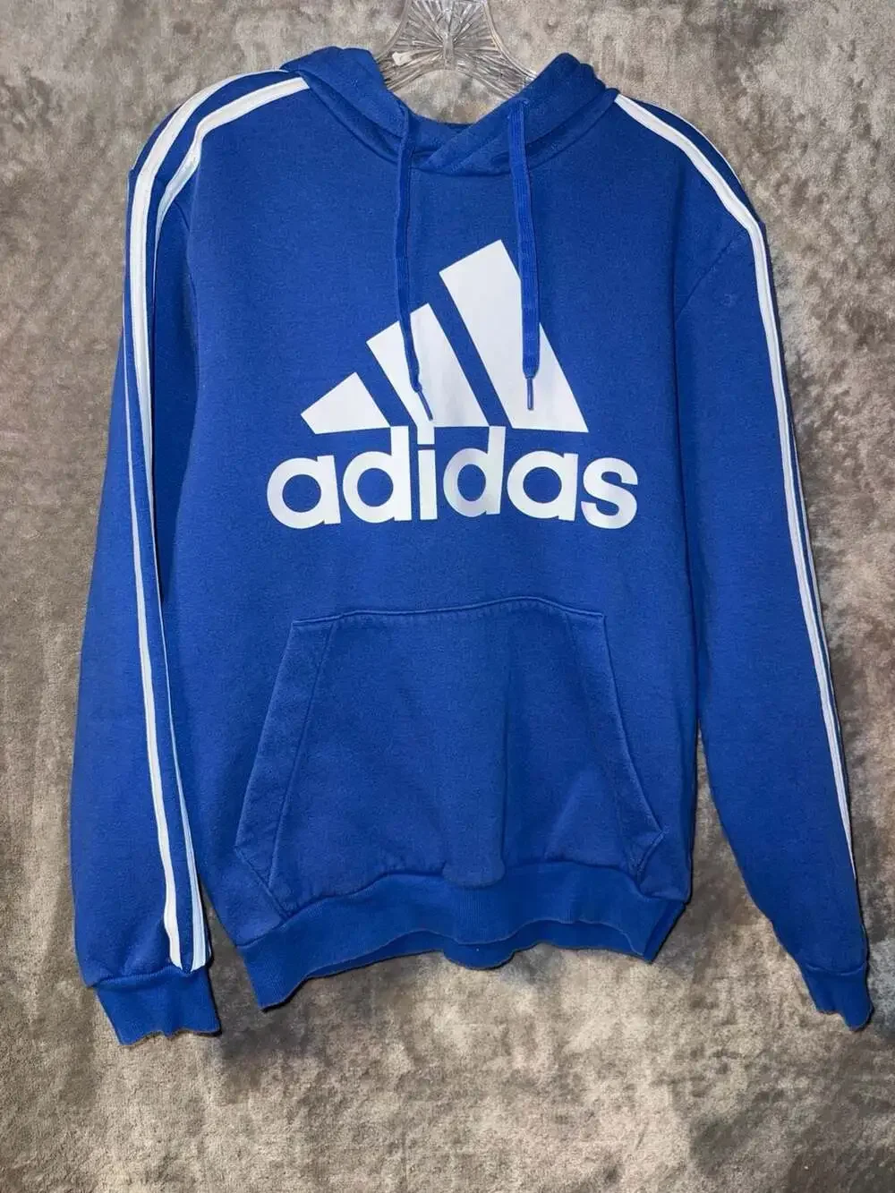 Adidas Blue White Logo 3-Stripe Pullover Hoodie Size Small